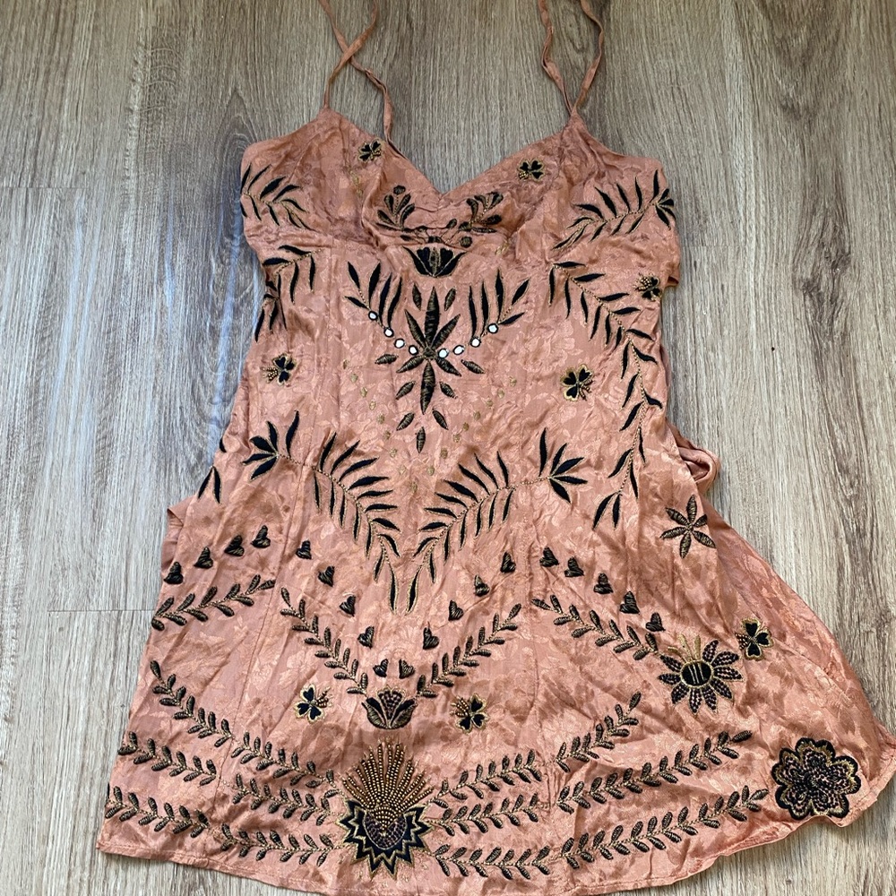 Blush Pink Embroidered Slip Dress with Beaded Accents